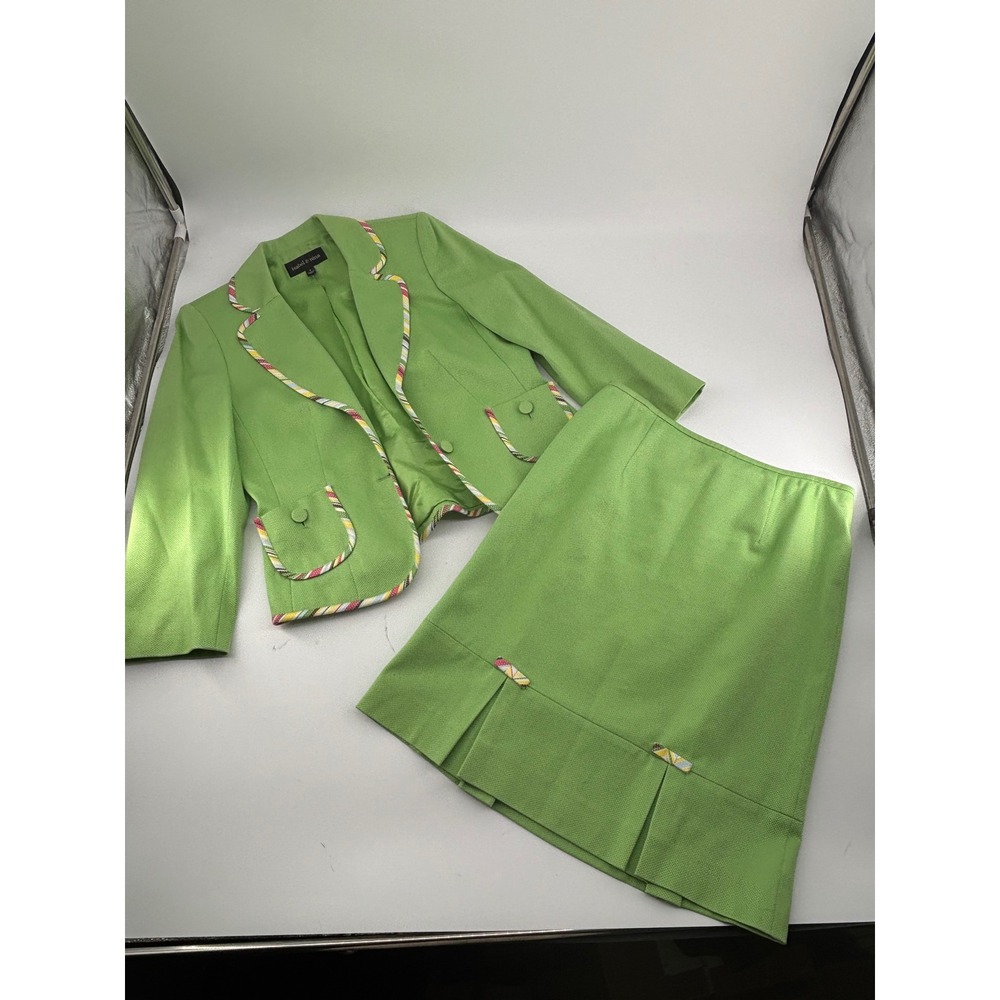 Vintage 90s Isabel & Nina Lime Green Skirt Suit Set Striped Trim Size 4